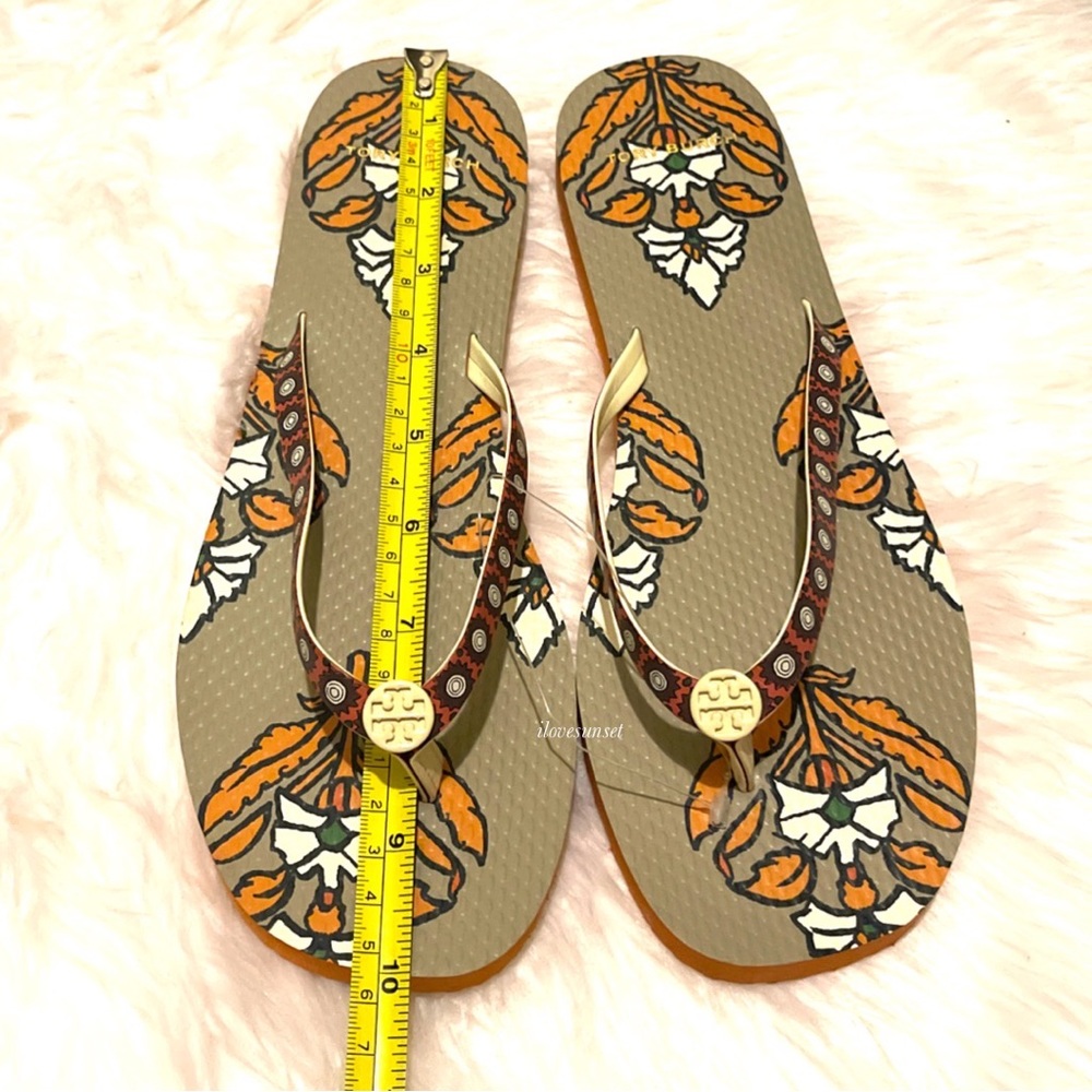 {Tory Burch} Orange Floral Flat Flip Flops with Leather Straps - Ivory Logo - Picture 6 of 7